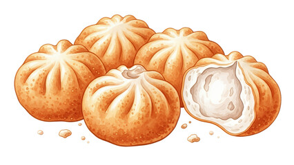 Illustration of assorted pastries and desserts with a cut-open pastry revealing a white filling on a white background