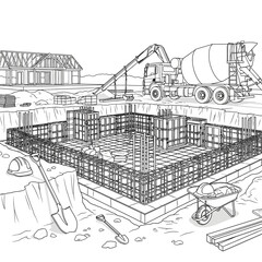 Construction site foundation rebar steel cage with crane and mixer.