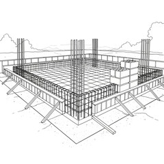 Building foundation construction plan with steel rebar and scaffolding.