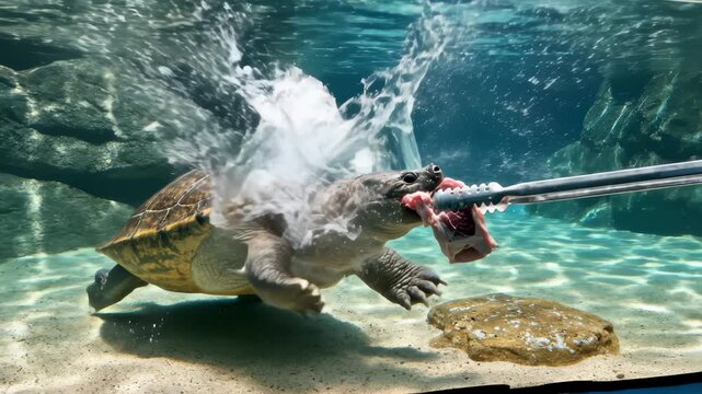 Snapping Turtle Feeding Underwater in Habitat With Tongs Held by Staff