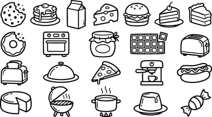 Hand drawn doodle food icon set cookie bite pancakes milk cheese burger cake slice donut oven jam jar waffle toaster