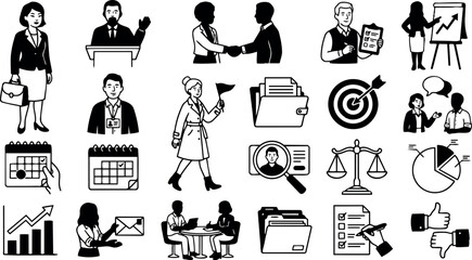 Flat design monochrome business icon set showing professional figures handshake files charts calendar checklist target scales meeting communication vector illustration