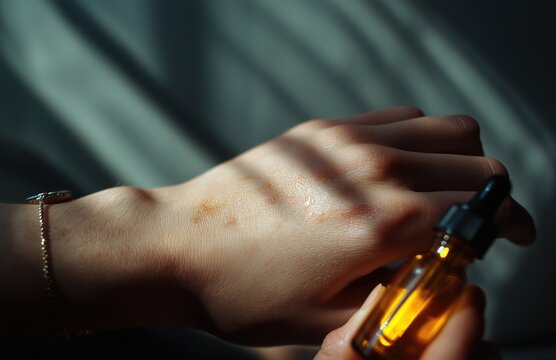 Hand holding amber dropper bottle over skin with dramatic light shadows