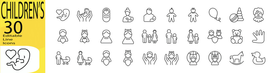 Children's icon set. Editable stroke.