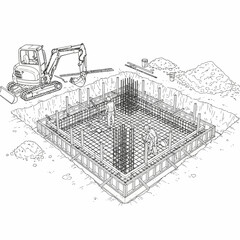 Construction Site Foundation Building with Excavator and Workers.