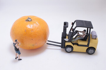 Miniature Photographer, Yellow Forklift, and Orange Fruit Scene