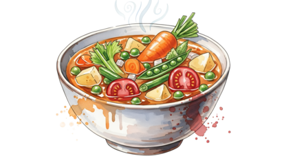 A vibrant bowl of stew with vegetables and herbs, viewed from above, showcasing a hearty meal.