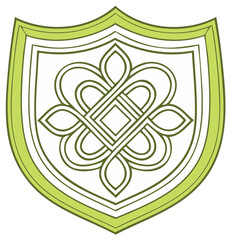 Elegant Green Shield with Ornate Celtic Knot Pattern Detailed Heraldry Emblem