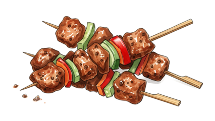 Colorful skewers of marinated meat and vegetables, grilled to perfection, against a white background