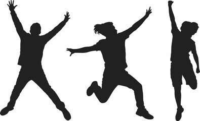 Jumping silhouettes vector illustration, energetic people in motion, joyful poses, freedom and celebration concept, black figures on white background, dynamic human shapes