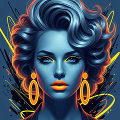 Stylized female portrait in neon blue and orange tones with retro futuristic hair: Design for night club posters, electronic music album covers, and modern fashion editorial headers.