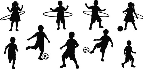 Kids playing sports silhouette collection illustration, children outdoor activity poses, hula hoop and soccer action, healthy lifestyle fun vector design © Shoentesh