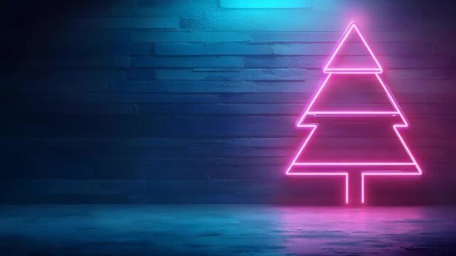 Glowing Neon Christmas Tree Pink Light Illuminates Dark Wall, Creating Festive and Modern Atmosphere with Vibrant Colors and Cheerful Touch, Contrasting with Dim Surroundings and Textured Background