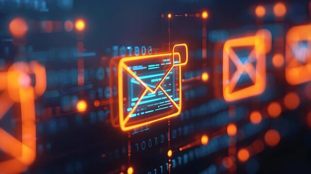 Futuristic Email Communication Glowing Digital Envelope Icon in Holographic Style with Vibrant Orange and Blue Colors Highlighting Cybersecurity and Technology