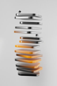 Exploded view of metallic and orange stacked square layers