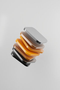 Minimal floating stack of orange and metallic square elements