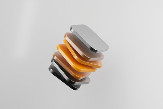 Stacked metallic and orange square forms isolated on white