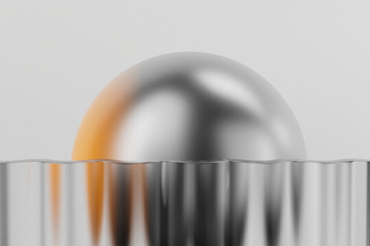 Orange and silver sphere behind wavy metal distortion