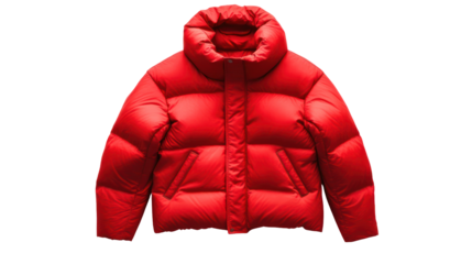 Red puffer jacket on a clear surface isolated on transparent background