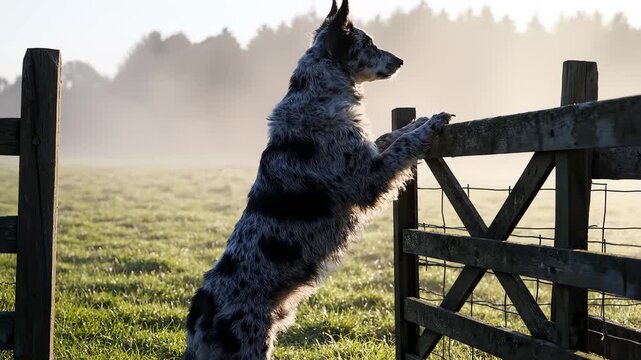Australian Kelpie Dog Jumps Up to Look Over Wooden Fence in Field