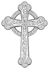 Ornate Celtic cross with traditional Irish knotwork line art illustration