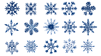 Set of dark blue snowflake icons collection isolated on transparent background