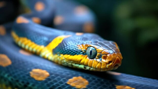 Close-up of snake's head, showing detail of eye & colorful scales in a macro shot