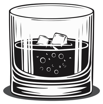Elegant Rock Glass Filled With Dark Liquor With Ice Cubes Bubbles Illustration