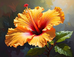 A vibrant, close-up painting of a large, sun-kissed hibiscus. The yellow petals unfurl with a crimson heart. Deep green leaves