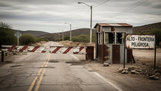 A small, rustic border crossing station with a red and white striped barrier on a deserted road in a rural area.