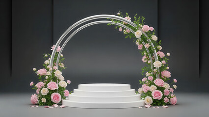 Elegant floral archway with a white pedestal perfect for special occasions