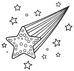Shooting Star with Starry Trail. Decorative Sky Elements. Celestial Design. Holiday Drawing for Kids Coloring Pages.