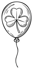 Shamrock balloon illustration, black and white drawing for St. Patrick's Day.