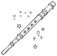 Cartoon Flute Musical Instrument with Magic Stars Black and White Coloring Page