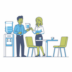 Fototapeta premium Two young business professionals laughing and engaging in friendly communication next to a water cooler in a clean, vibrant flat 2D graphic illustration of an office break area