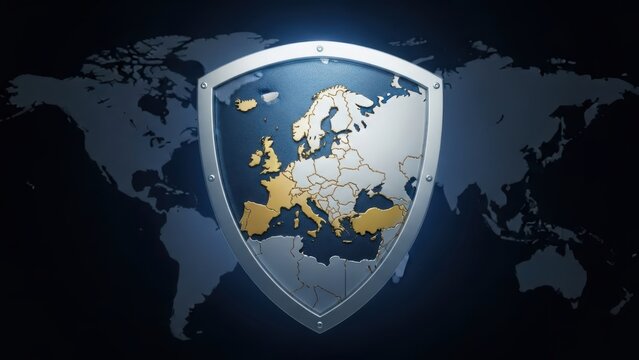A silver shield with a map of Europe glows brightly on a dark blue world map background, symbolizing protection and security. - Powered by Adobe