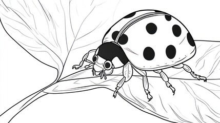 Black and white illustration of a ladybug on a leafy surface