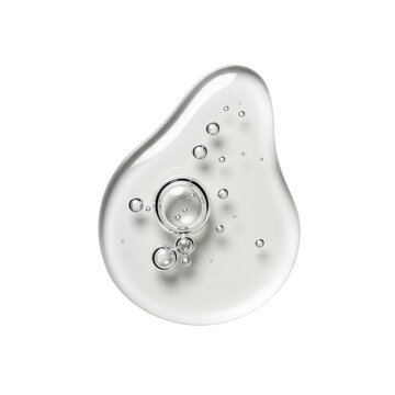 Extreme close-up of a glossy, translucent clear viscous cosmetic serum droplet with perfect spherical bubbles on a transparent studio background, concept for beauty advertising