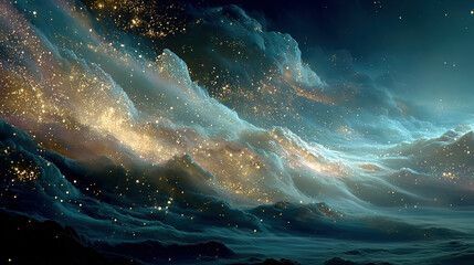Celestial clouds illuminated with sparkling stars and cosmic light effects.