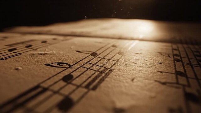 Close-up of sheet music with musical notes in warm, golden lighting