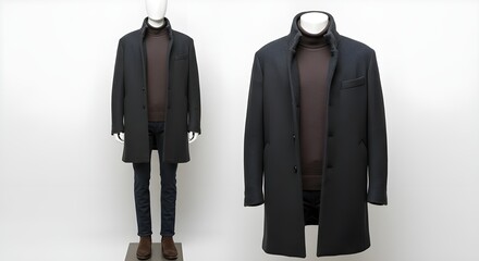 Fashion designer adjusting mannequin dressed in winter clothes inside bright studio. Concept of creative fashion design, seasonal collection, style development, and professional tailoring process.