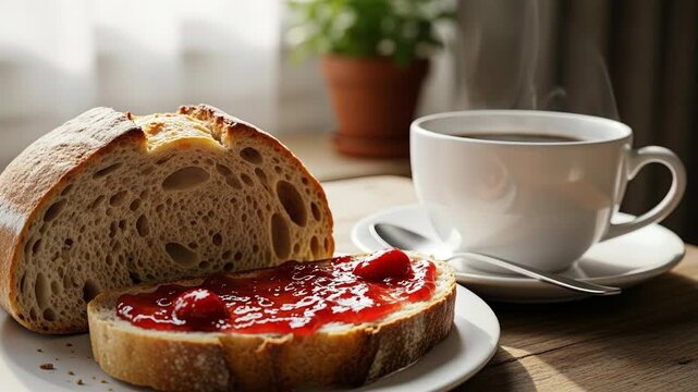 A slice of jam bread resting on a rustic wooden table beside a cup of coffee and a loaf in the background.