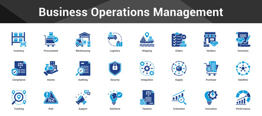 Business Operations Management Cohesive set of minimalist vector icons representing key ideas with visual clarity