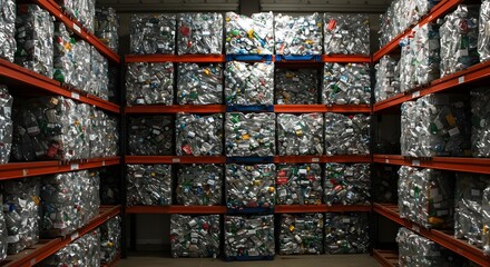 Recycling of bottles in a well-organized industrial warehouse. Concept of sustainability, waste management, circular economy, and industrial organization.