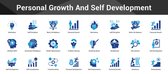 Personal Growth And Self Development Cohesive set of minimalist vector icons representing key ideas with visual clarity