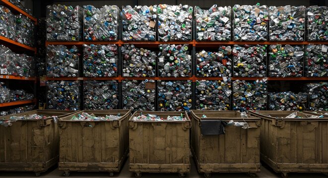 Recycling of bottles in a well-organized industrial warehouse. Concept of sustainability, waste management, circular economy, and industrial organization.