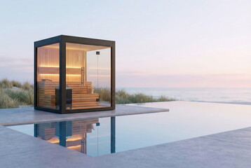 A luxurious modern outdoor sauna with an infinity pool overlooking the ocean at sunset, offering ultimate relaxation and a serene wellness experience.