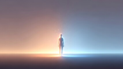 Solitary Human Silhouette Bathed in Ethereal Duality of Warm Orange and Cool Blue Light, Symbolizing Choice, Enlightenment, or Deep Contemplation i...