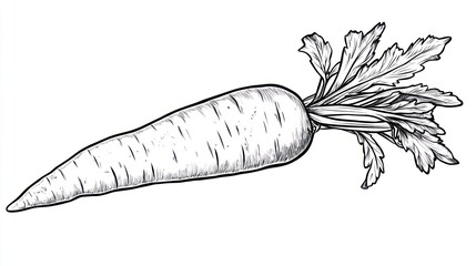 Detailed monochrome illustration of a fresh carrot with leafy green top