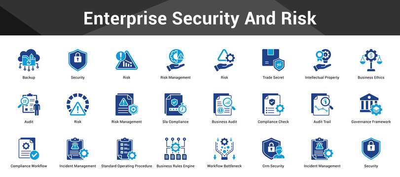 Enterprise Security And Risk Cohesive set of minimalist vector icons representing key ideas with visual clarity
